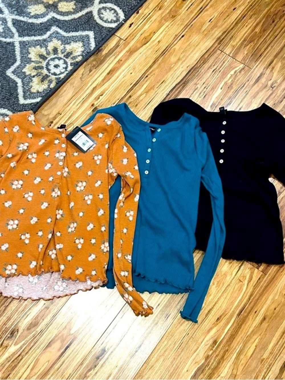 Kids Ribbed Henley Long-Sleeve Top - Teal, Black, Orange Floral